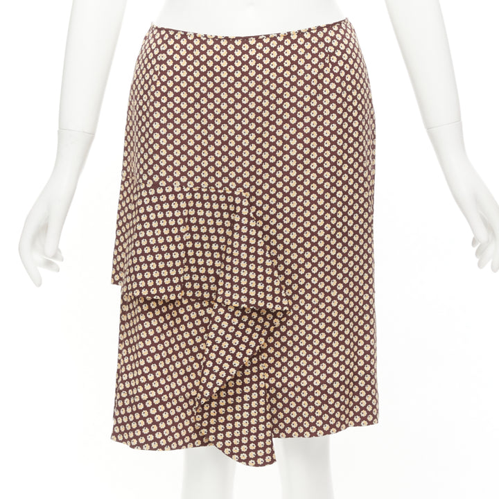 MARNI brown yellow floral silk blend ruffle drape front mid skirt IT40 S