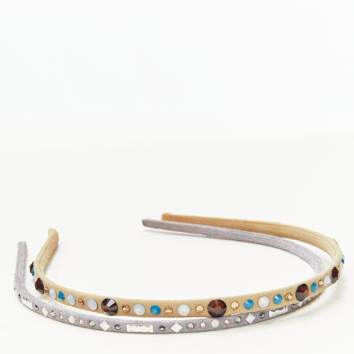 ALEXANDRE ZOUARI beige grey suede colorful rhinestone skinny headband X2