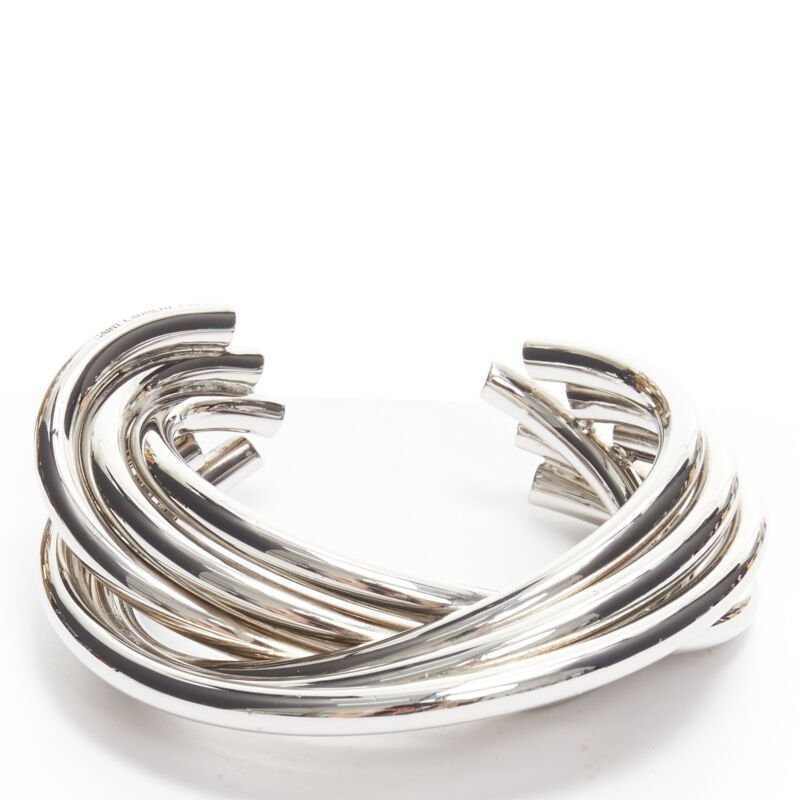 SAINT LAURENT Hedi Slimane silver metal architectural layered twist cuff bangle
