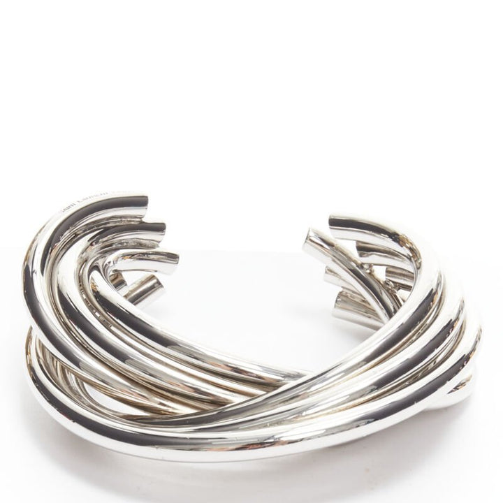 SAINT LAURENT Hedi Slimane silver metal architectural layered twist cuff bangle