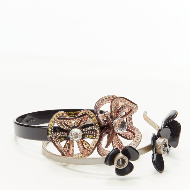 ALEXANDRE ZOUARI black grey crystal 3D layered flower acrylic headband X2