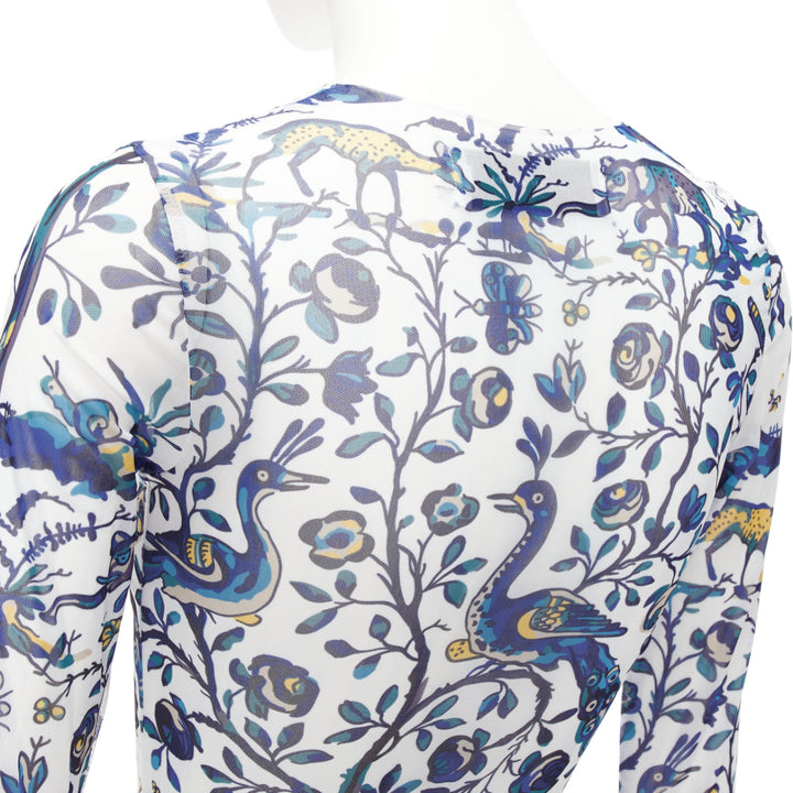 MARQUES ALMEIDA blue white animal floral print mesh long sleeve top XS