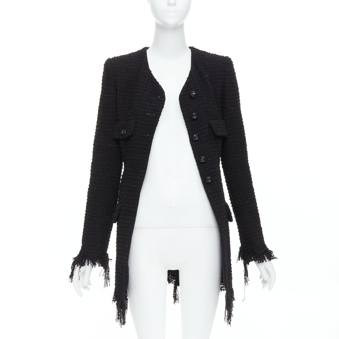 CHANEL 22C Runway black tweed fringe trim 4 pocket long jacket FR36 S