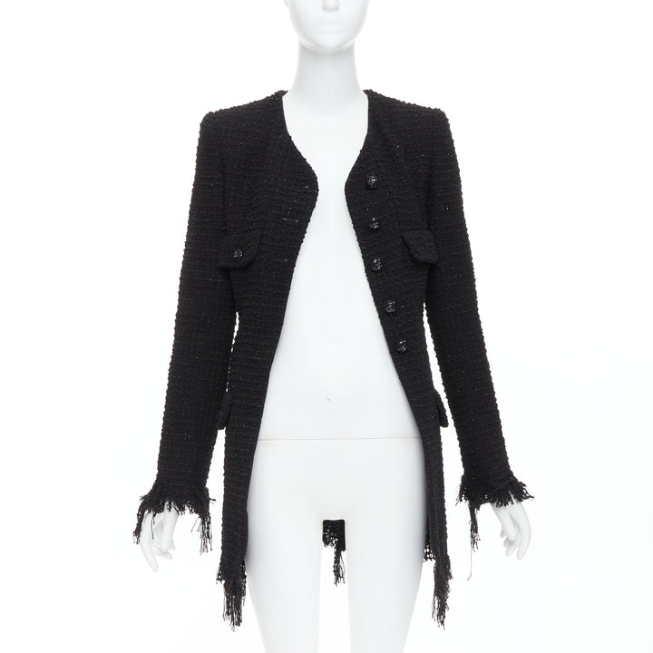 CHANEL 22C Runway black tweed fringe trim 4 pocket long jacket FR36 S