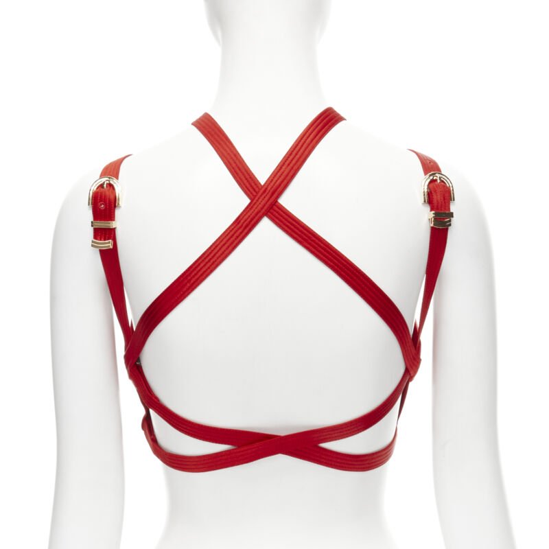 VERSACE 2019 Runway S&M Bondage Tribute red silk gold buckle bra top IT38 XS