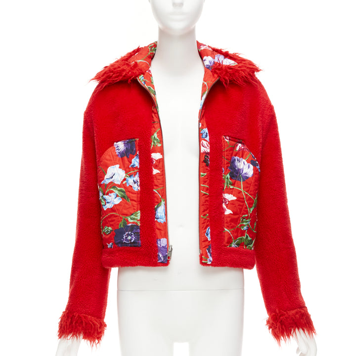 KENZO Memento reversible red purple flower print faux fur crop jacket FR34 XS