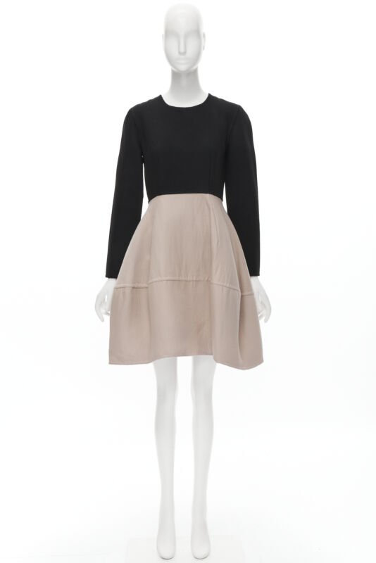 MARNI black nude wool crepe long sleeve bubble skirt fit flared dress IT38 XS