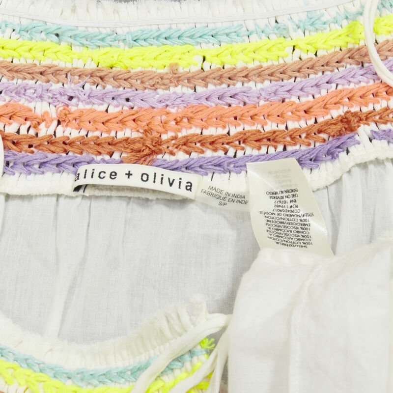ALICE OLIVIA white cotton neon braid embroidery off shoulder top S