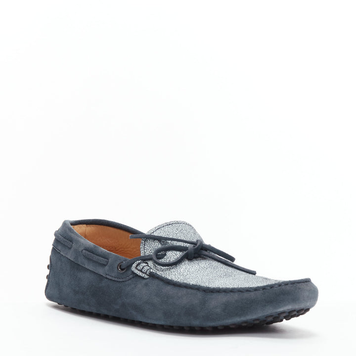 TOD'S Gommino navy suede white top dot sole driving loafers UK8 EU42