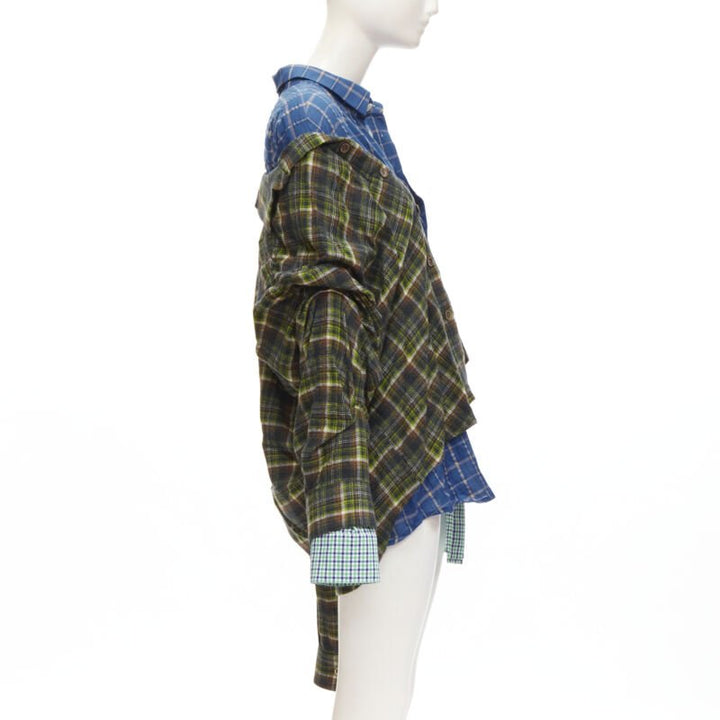 NATASHA ZINKO pink logo blue green trio deconstructed grunge plaid shirt FR34 XS