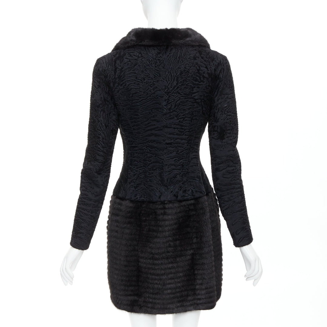 CHRISTIAN DIOR black lamb mink fur silk lined long coat FR38 M