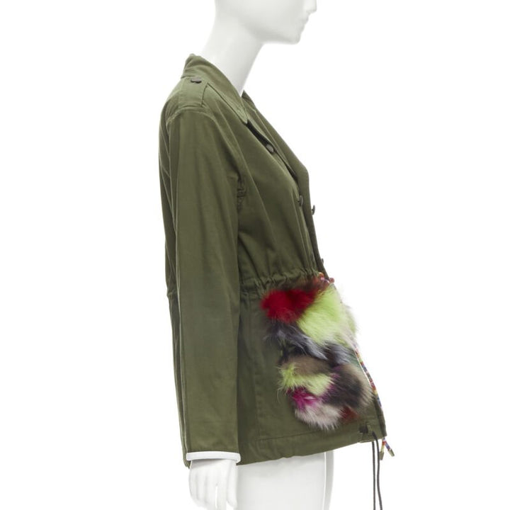 HARVEY FAIRCLOTH green cotton multi print fox fur pocket drawstring jacket S