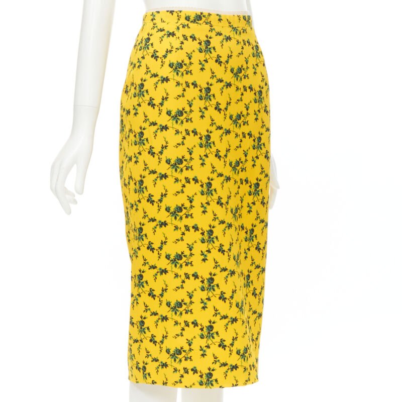 NO 21 yellow green leaf print contrast pink band pencil skirt IT38 XS