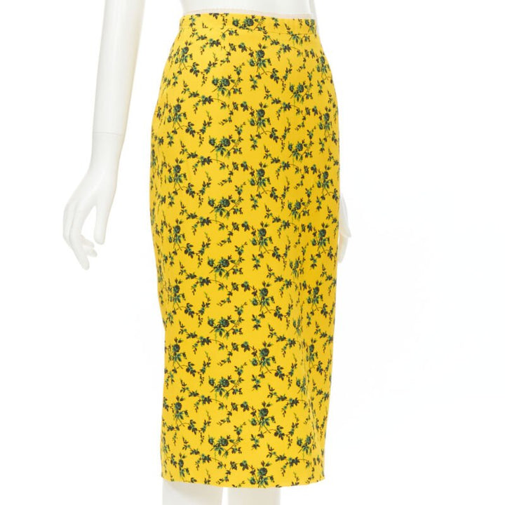 NO 21 yellow green leaf print contrast pink band pencil skirt IT38 XS