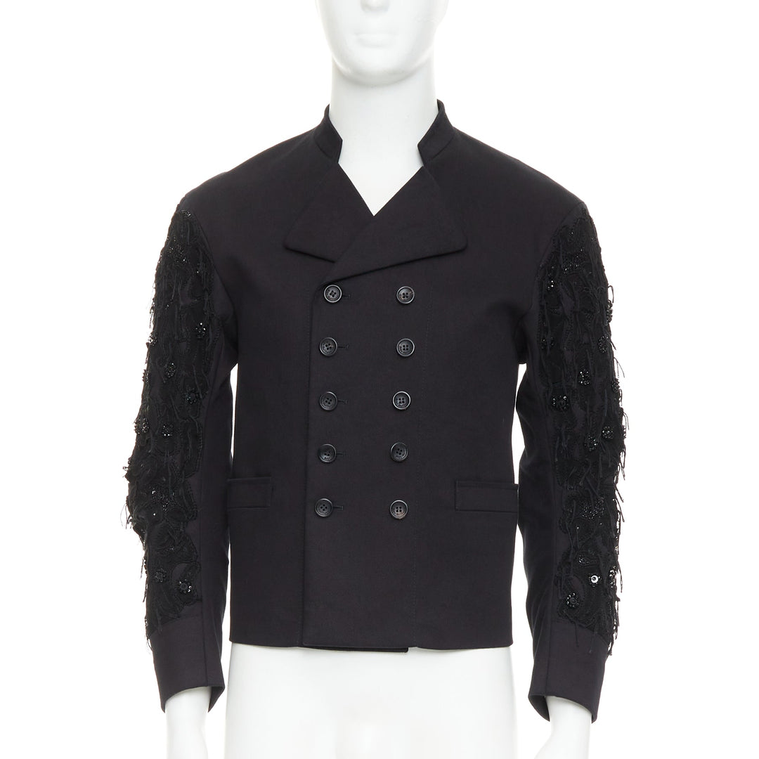 JOHN GALLIANO black fringe embellished sleeve double breasted jacket FR46 S