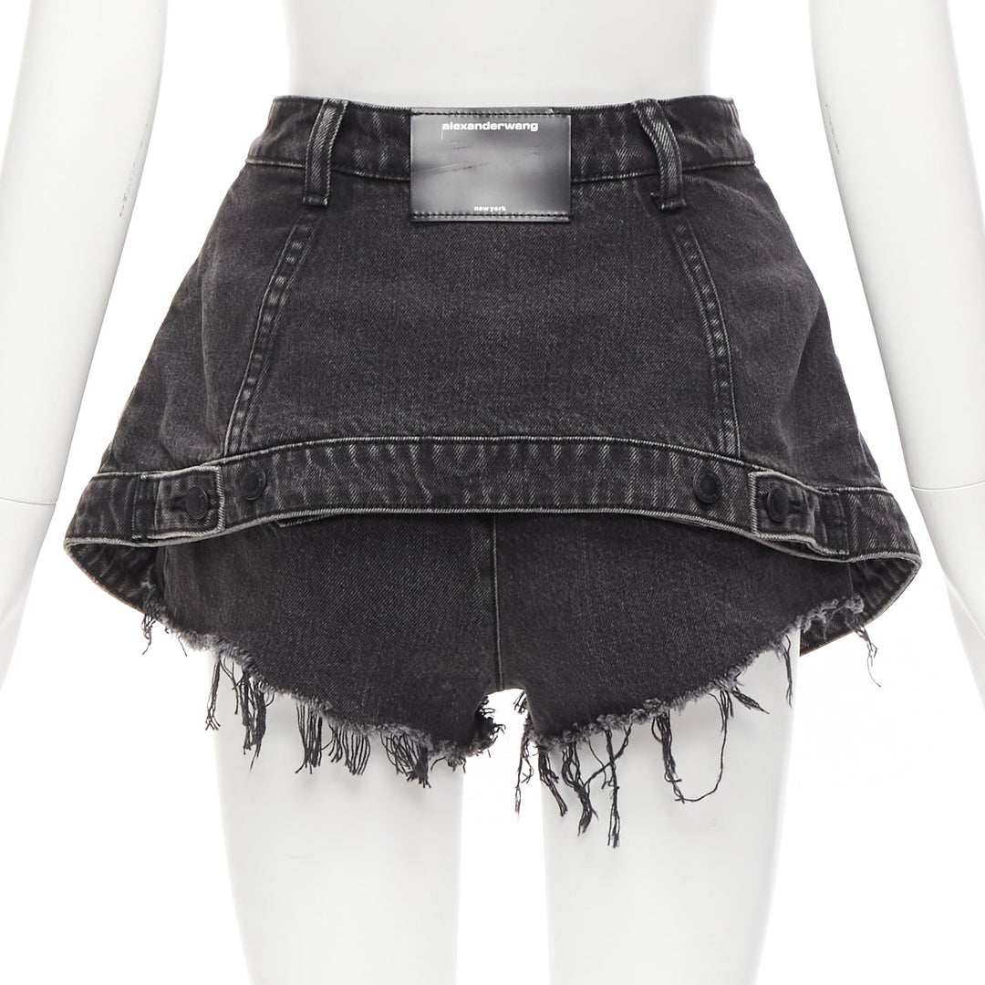 ALEXANDER WANG black washed cotton layered skort high waist cutaway shorts 25"
