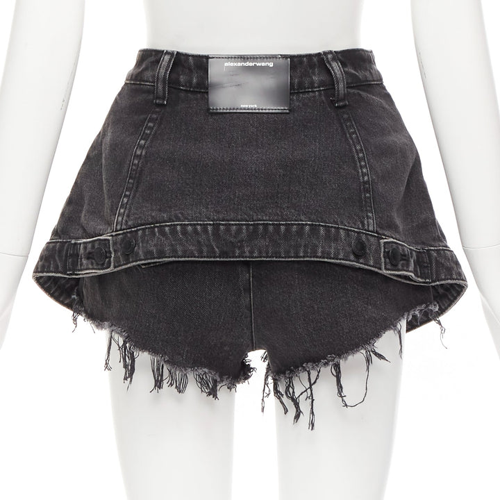 ALEXANDER WANG black washed cotton layered skort high waist cutaway shorts 25"