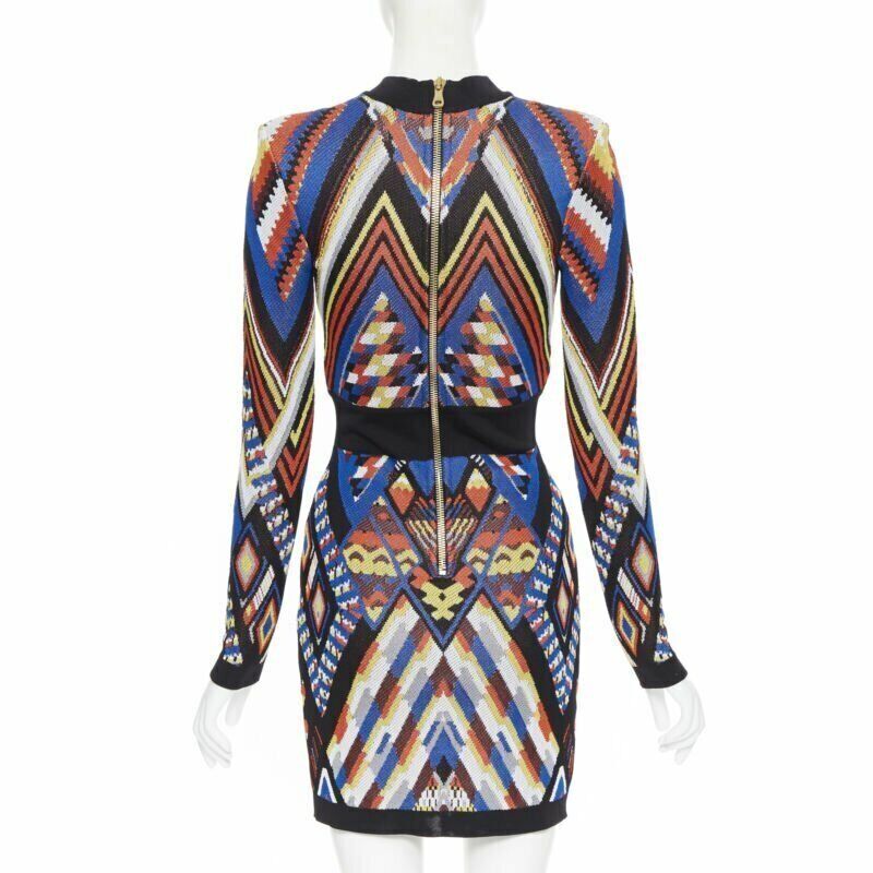 BALMAIN ethnic tribal knitted lace V-neck bodycon mini dress FR38 M
