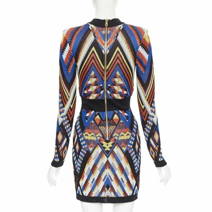 BALMAIN ethnic tribal knitted lace V-neck bodycon mini dress FR38 M