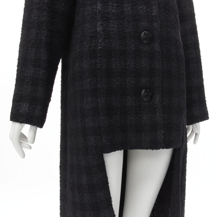 CHANEL 13K black lurex check tweed Globe CC button high low coat FR36 XS