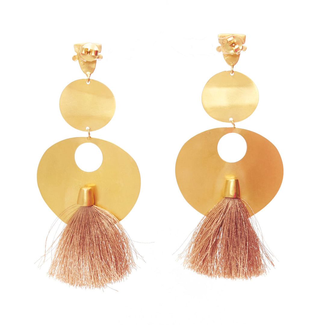 PMX CANO gold metal geometric tribal face beige tassel pin earrings Pair