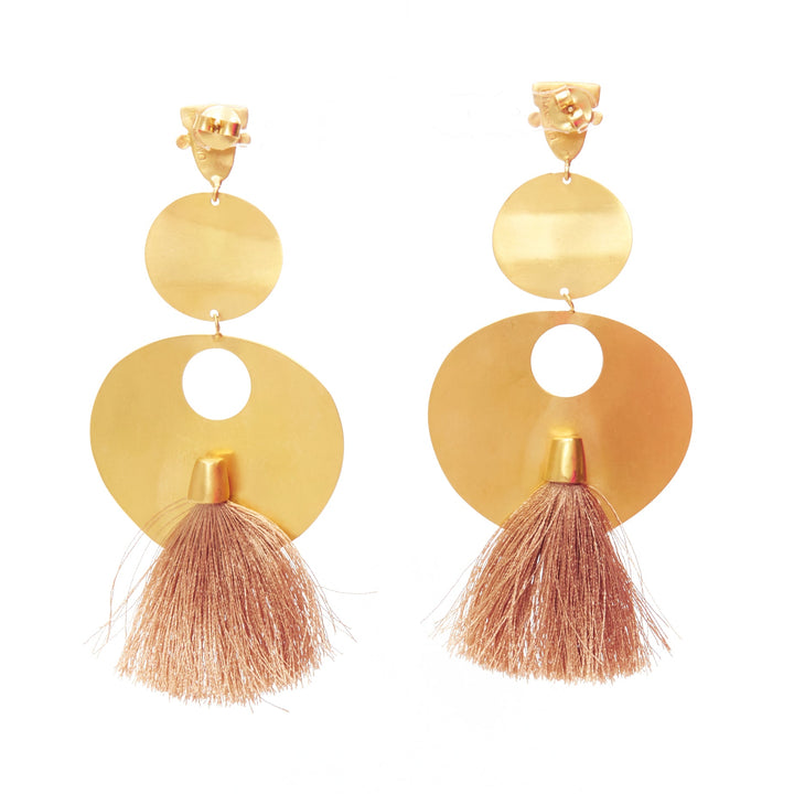 PMX CANO gold metal geometric tribal face beige tassel pin earrings Pair