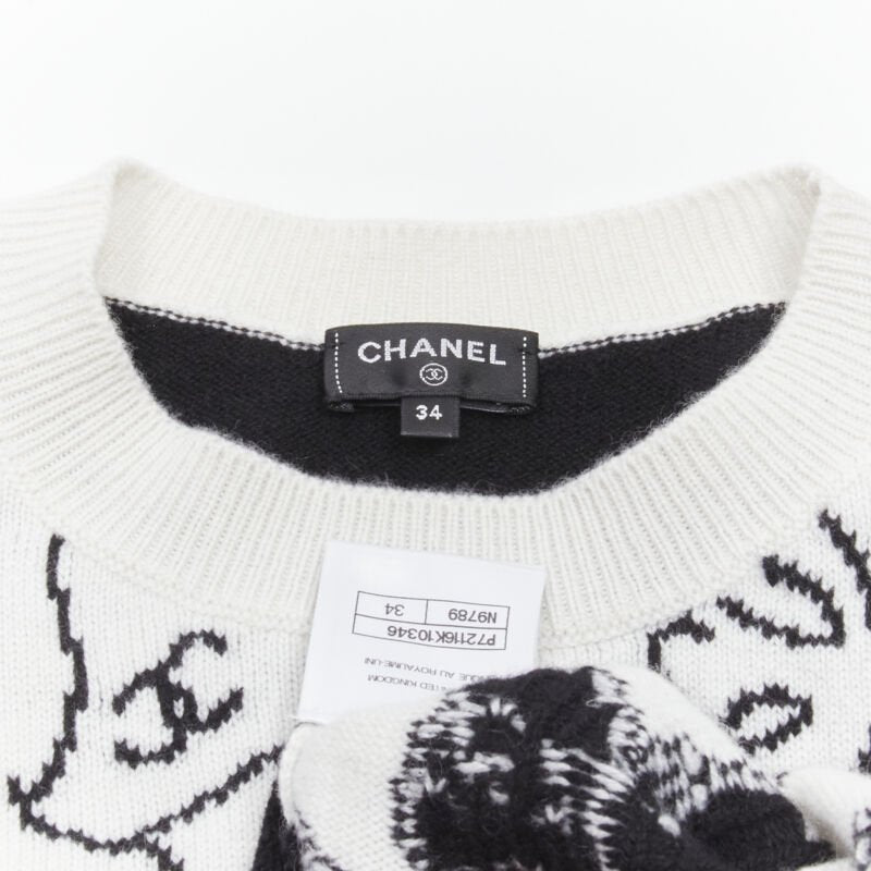 CHANEL 22C cashmere black white Dove bird CC pullover sweater FR34 XS
