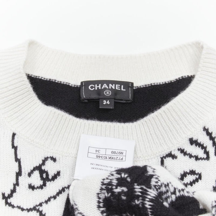 CHANEL 22C cashmere black white Dove bird CC pullover sweater FR34 XS