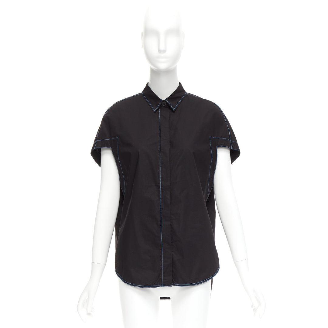 MARNI black blue topstitched round shoulder 3D cut boxy shirt IT40 S