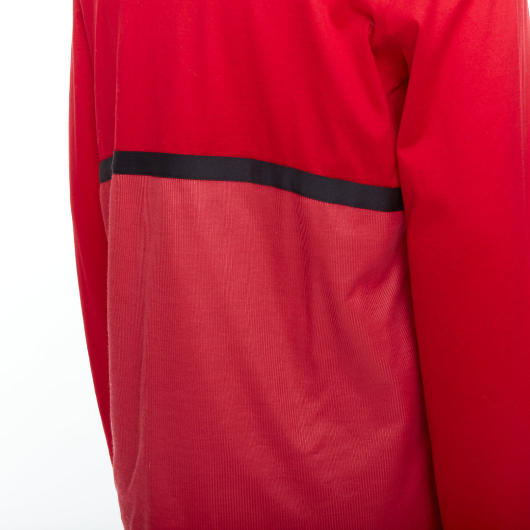 BALENCIAGA 2012 red cotton blend black trim V-neck long sleeve top XL