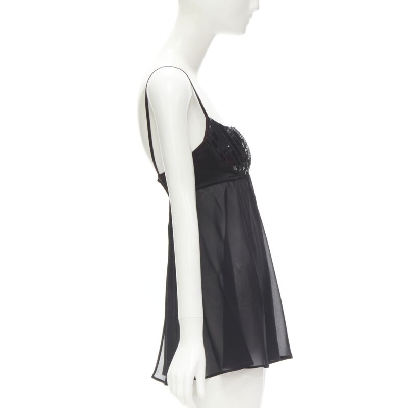 LA PERLA Vintage Ritmo Di Perla black sequins cupped bra sheer negligee top XS