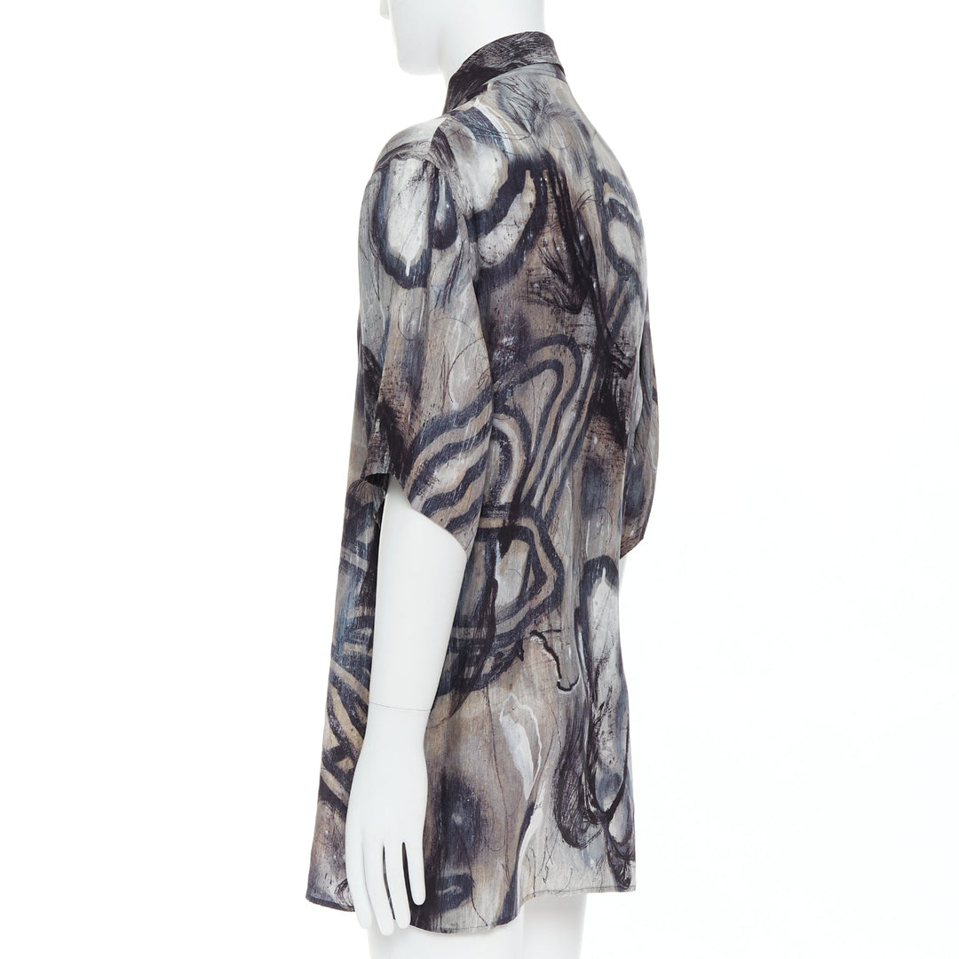 YOHJI YAMAMOTO 100% silk grey beige abstract print relaxed shirt JP2 M
