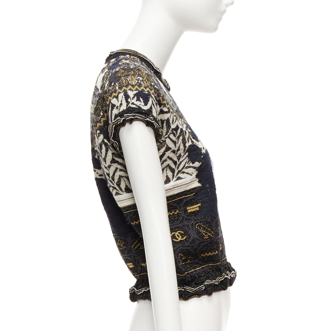 CHANEL 2019 Runway gold Egyptian Hieroglyphics CC cap sleeve sweater FR36 S