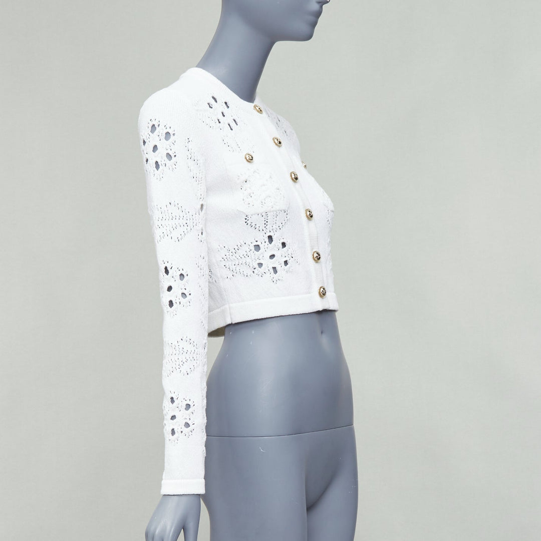 CHANEL 2021 white cotton gold CC button crochet knit cropped cardigan FR34 XS