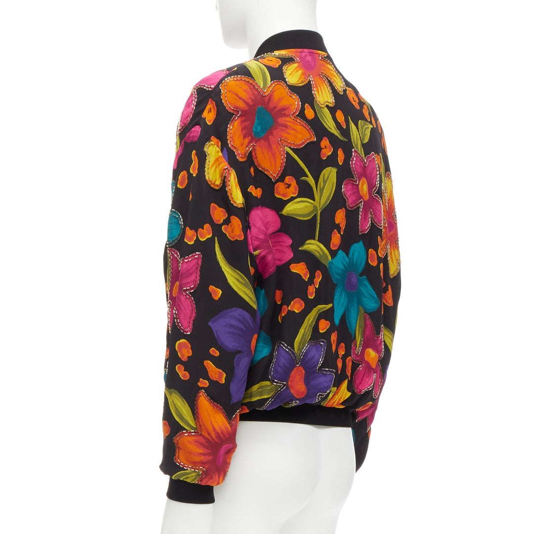 SAINT LAURENT 2021 Teddy floral crepe embellished bomber jacket FR44 XS