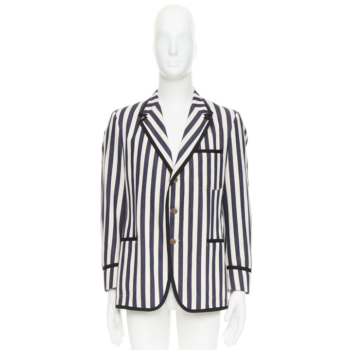 GUCCI navy cream cotton anchor buttons striped nautical blazer IT52 XL