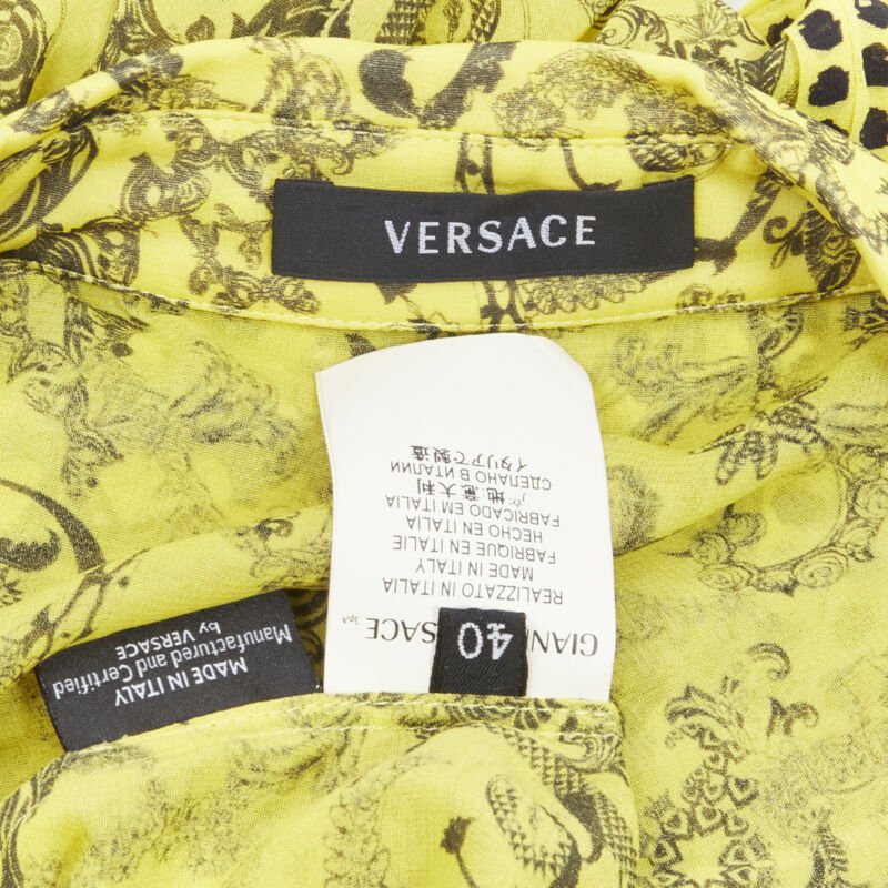 VERSACE yellow silk Baroque print dot pleated collar sleeveless shirt IT40 S
