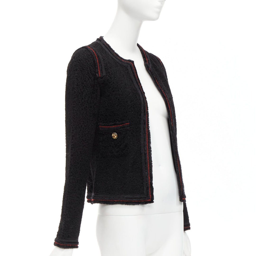 CHANEL 09A Paris Moscow black tweed leather lined CC logo jacket FR34 XS