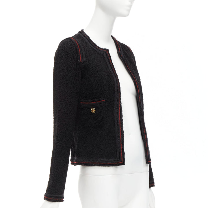 CHANEL 09A Paris Moscow black tweed leather lined CC logo jacket FR34 XS