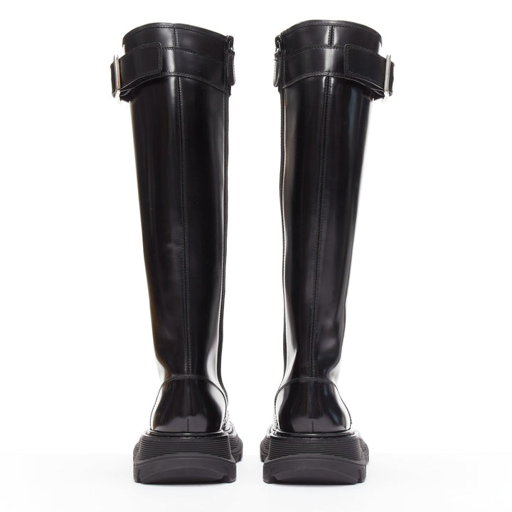 ALEXANDER MCQUEEN Tread black leather lace up combat knee high boot EU39