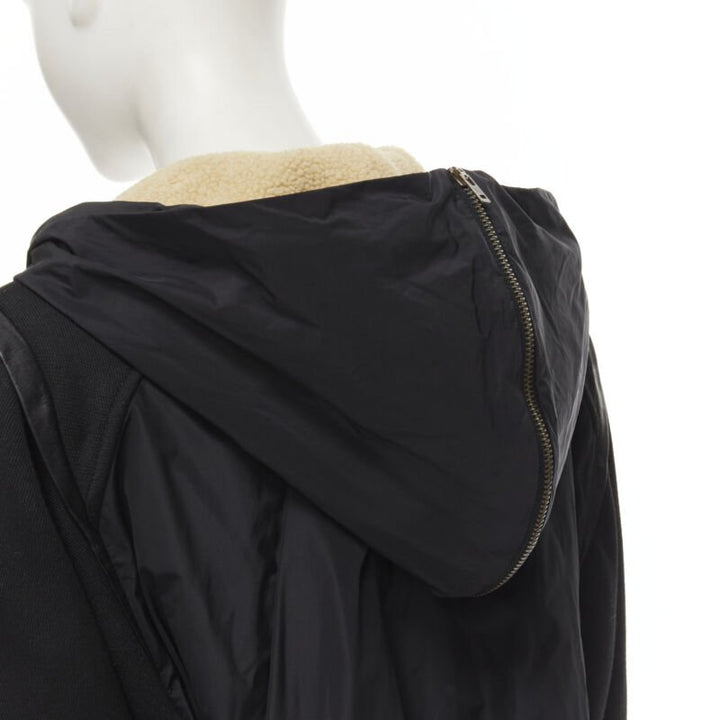 MAJE black fully shearling lined leather trim flared back coat FR36 S