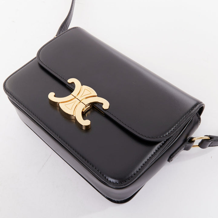 CELINE Teen Triomphe black shiny calfskin gold anagram logo crossbody bag