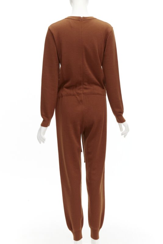 OSCAR DE LA RENTA 2019 100% virgin wool brown drawstring knitted jumpsuit S