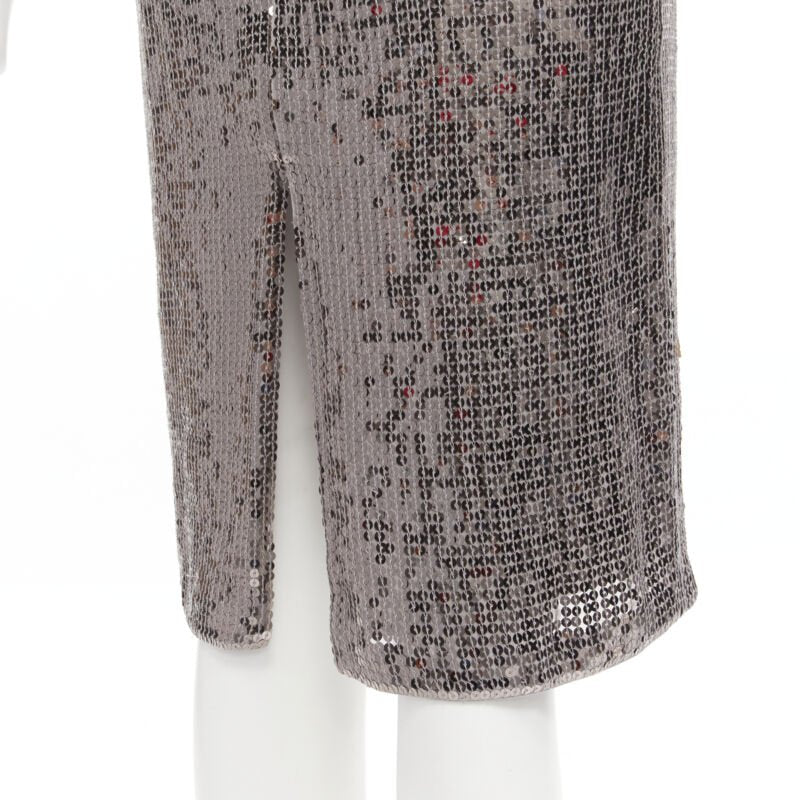 ALICE OLIVIA silver metallic sequins back slit knee length pencil skirt US0 XS