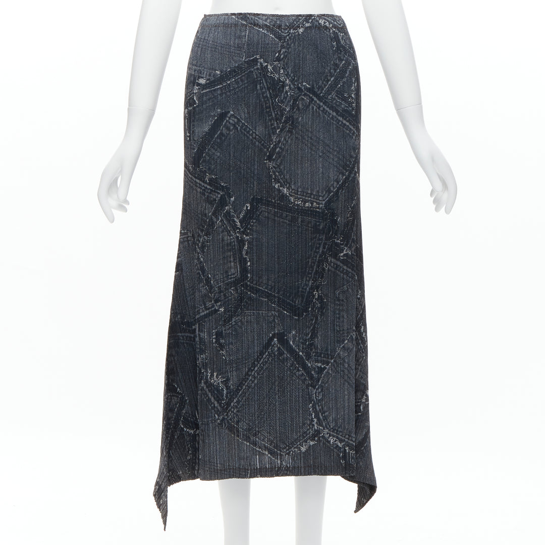 ISSEY MIYAKE PLEATS PLEASE dark blue denim patchwork print pleated skirt JP2 M
