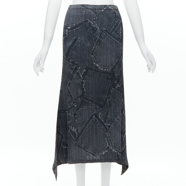 ISSEY MIYAKE PLEATS PLEASE dark blue denim patchwork print pleated skirt JP2 M
