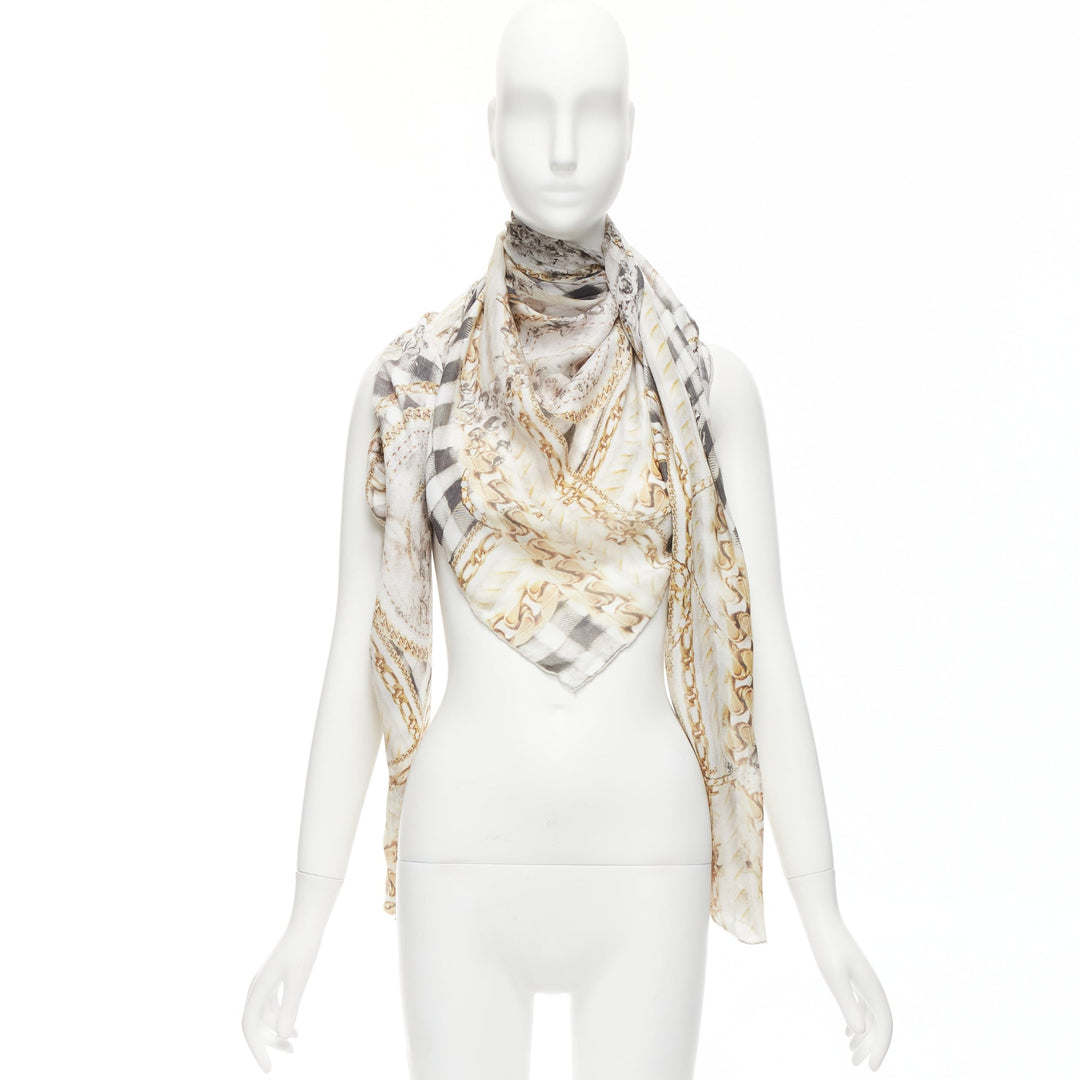 BALMAIN cream modal cashmere chain check tromp loeil print scarf