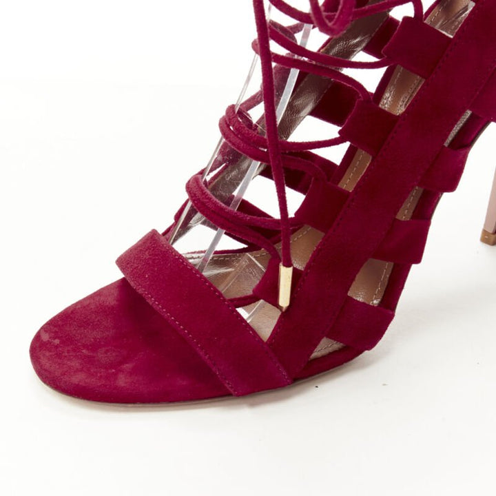 AQUAZZURA Amazon dark red suede lace up sandals high heels EU38