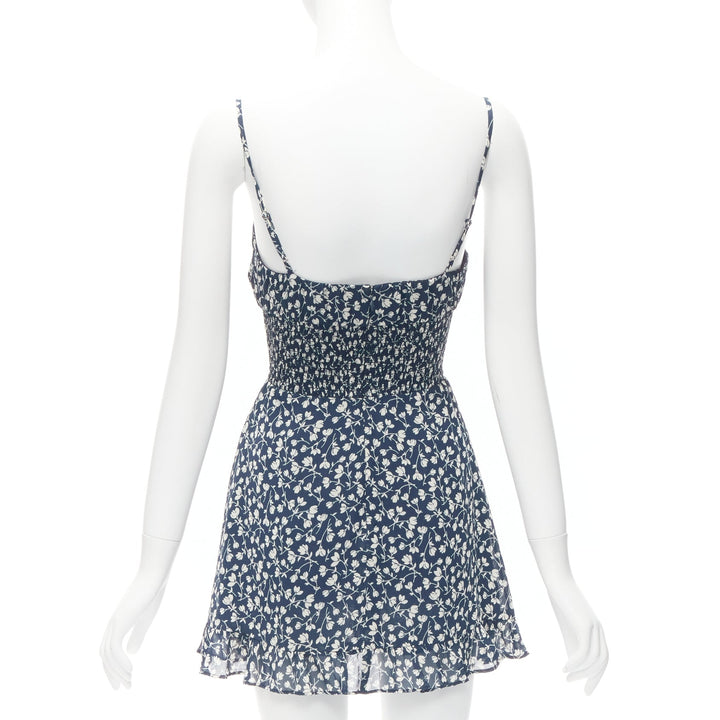 REFORMATION Elyse white navy floral print smocked bodice mini dress US2 S