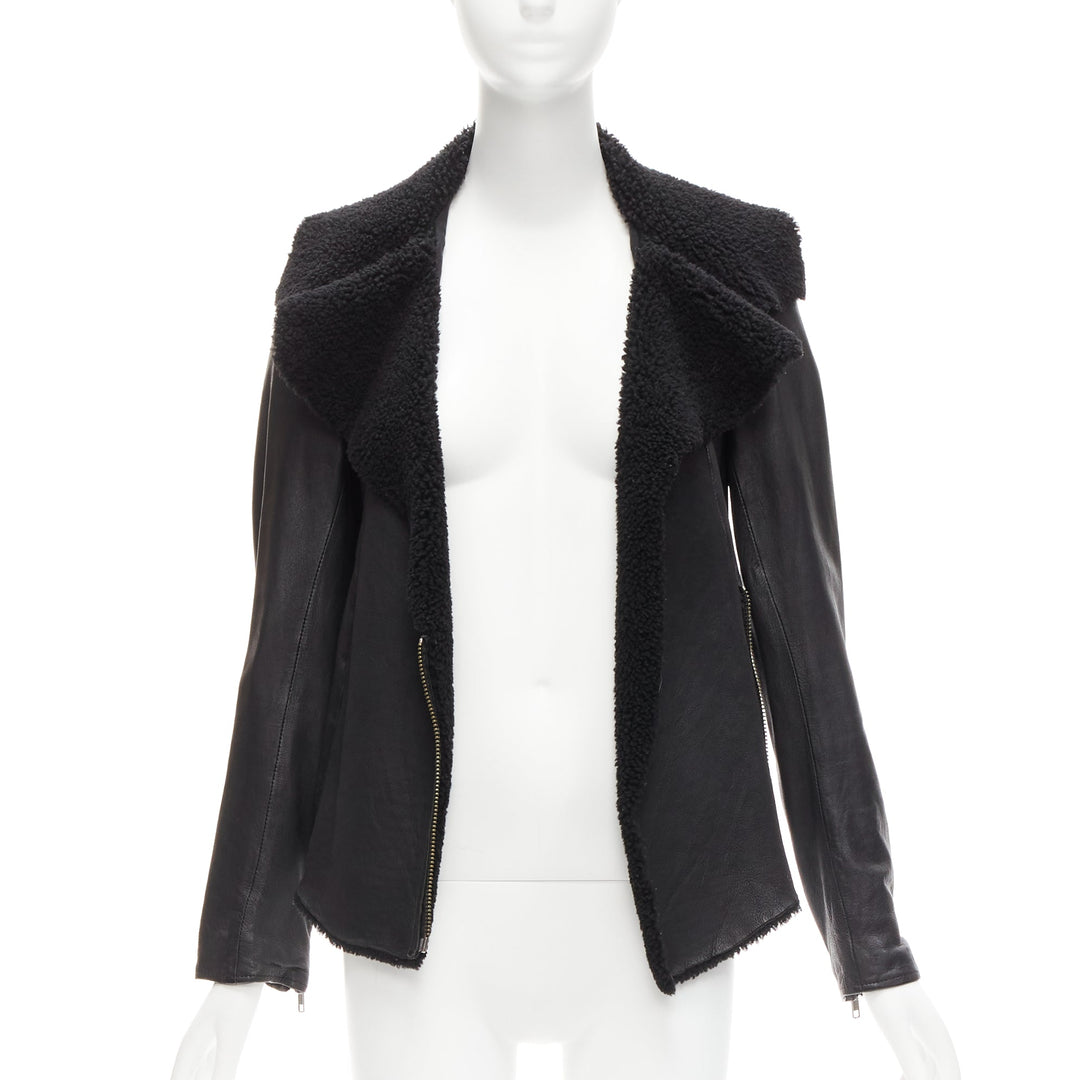 ALL SAINTS Nene black sheepskin leather shearling lined biker jacket UK8 S